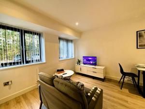 ソリフルにあるCozy Studio in Solihull with Parking - NEC or Airportのソファとテーブルとテレビのあるリビングルーム