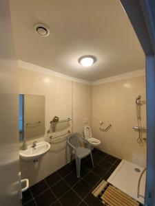 a bathroom with a sink and a toilet and a mirror at auberge des trois ami-es in Vinezac +26 photos