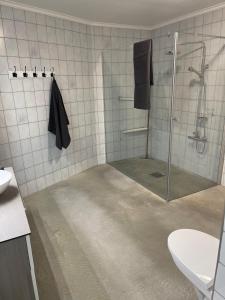 a bathroom with a shower with a glass door at Recently Refurbished Farm House in Larvik +14 photos