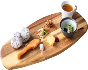 a wooden board with food and a cup of tea at Kashiba Hotel Flower Style (Adult Only) in Kashiba