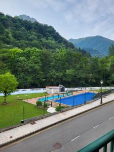 a view of a swimming pool next to a road at Belmonte in Belmonte de Miranda