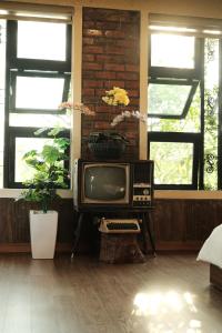a living room with a tv and a plant at Yesterday Homestay Hue in Thôn An Hòa