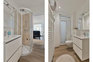 two images of a bathroom with a shower and a toilet at Appartement San Marino 4B in Middelkerke +18 photos