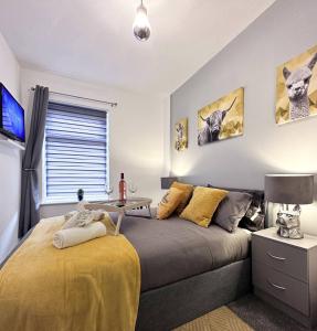 Llwyn-y-piaSleek Skyward Serenity 2bed W Pool Table - Ystrad的卧室里有一张床，床上有一张桌子