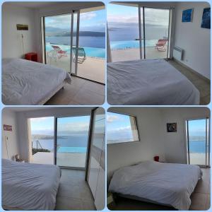4 fotos de un dormitorio con cama y balcón en Villa de standing piscine chauffée vue mer Corse du sud, en Coti-Chiavari 5 fotos más