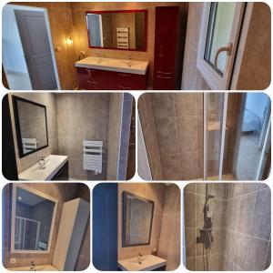 un collage de cuatro fotos de un baño en Villa de standing piscine chauffée vue mer Corse du sud, en Coti-Chiavari