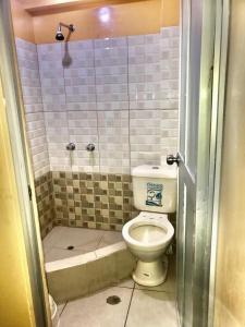 un baño con inodoro y ducha en Hotel & Gemeloz, en Acobamba