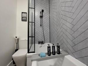a bathroom with a shower and a white toilet at Swanky Seaside Sanctuary W Foozeball - Southend in Southend-on-Sea