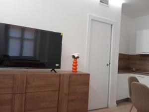 a flat screen tv sitting on top of a wooden dresser at Casa Bùgia Nen in Alba