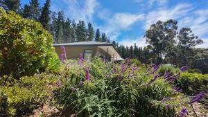 a garden with purple flowers in front of a house at denBosch Cottages in Rheenendal