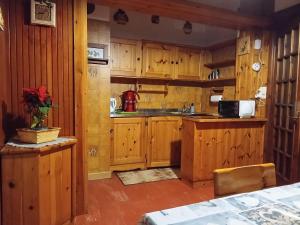 una cucina con mobili in legno e un lavello di La cuccia di Elfo a Prali