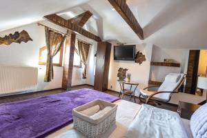 a living room with a bed and a tv at Casa Valasoaia in Săcele