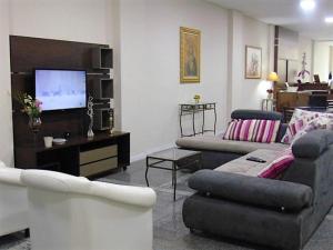 a living room with a couch and a tv at Hotel Maria da Fé in Aparecida