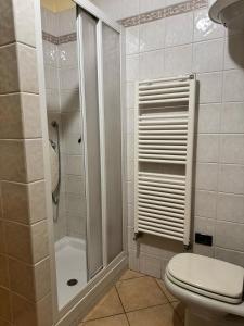 a bathroom with a shower and a toilet at Fiocco di neve in Pila +37 photos