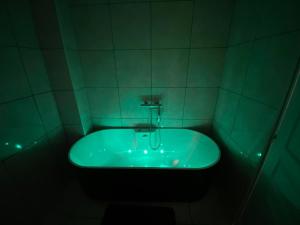 eine grüne Badewanne in einem gefliesten Badezimmer in der Unterkunft Big, very bright house in Beauvais + 18 Fotos