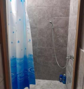 a shower with a blue shower curtain in a bathroom at Apartman Stil in Kruševac