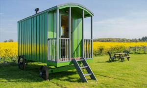 a green tiny house on wheels in a field at Halcyon - Shepherd's Hut in Northrepps