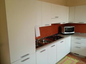 San Fior di SopraにあるHoliday Home La Morandaの白いキャビネット、シンク、電子レンジ付きのキッチンが備わります。