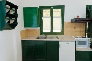 a kitchen with green cabinets and a sink at Villa Panorama in Moúdhros