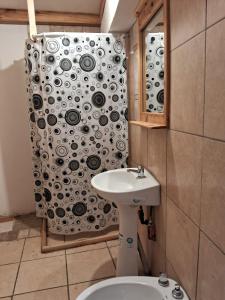 a bathroom with a shower curtain with a toilet and a sink at Jardín de Rosas Hostel in El Bolsón