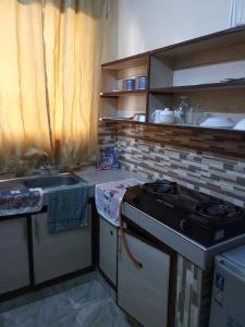 een kleine keuken met een fornuis en een spoelbak bij Raicy Bnb in Bamburi