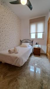 ein Schlafzimmer mit einem Bett und einem Deckenventilator in der Unterkunft Apartamentos Maria Cristina con parking gratis in Córdoba + 37 Fotos