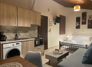 Una cocina y una sala de estar con un sofá y una mesa. en Voupalou Apartments 2, en Chios