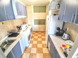 Una pequeña cocina con fregadero y refrigerador. en Apartment Maya's Place, en Skopje 19 fotos más
