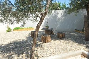 einen Tisch mit einem Topfbaum und drei Holzstämmen in der Unterkunft Appartement Lido de la Marana in Lucciana