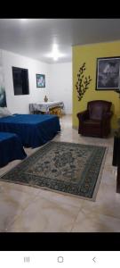 ein Wohnzimmer mit einem Sofa, einem Stuhl und einem Teppich in der Unterkunft Pousada das Estrelas no centro de Conservatória in Conservatória