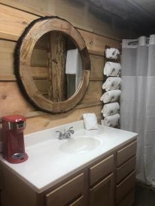 a bathroom with a sink and a mirror at Harper Tree Top in Rising Fawn +16 photos