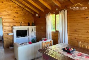 a living room with a couch and a television at Cabaña Lucio in Esquel +11 photos