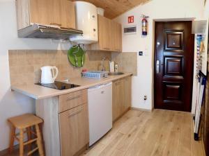 eine kleine Küche mit Holzschränken und einer Spüle in der Unterkunft Bungalow in Kolczewo at a lake in Kołczewo + 17 Fotos