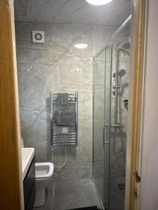 a bathroom with a shower and a toilet at Home sweet home in Leicester
