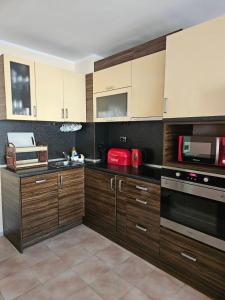 a kitchen with wooden cabinets and a microwave at Apartment Lozenets in Sofia