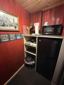 a room with a desk with a microwave and a refrigerator at Guesthouse Austria in Stewart