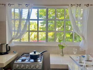 a kitchen with a stove and a large window at Perfect Place Cozumel - DIANA in Cozumel +16 photos
