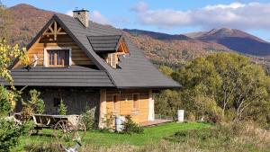 a wooden house with a black roof with mountains in the background at Odludomki in Smerek