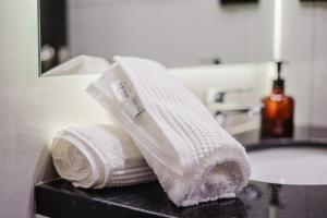 a pile of towels sitting on top of a bathroom sink at Elegant Loft in Santa Cruz de la Sierra +71 photos