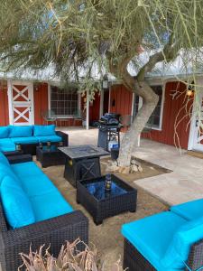 un patio con divani e tavoli blu e un albero di Joshua Tree Ranch House Motel - Downtown - Room #8 a Joshua Tree