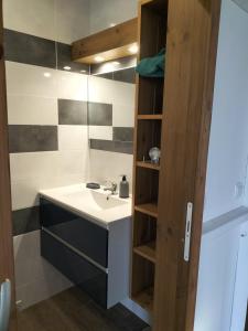a bathroom with a sink and a shelf at Ambre et Azur 2 in Sainte-Rose +14 photos