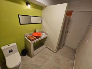 a small bathroom with a toilet and a sink at Camping con jacuzzi en la ciudad in San Baltasar +7 photos