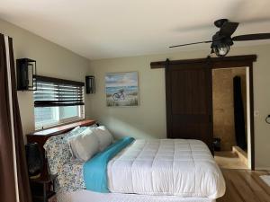 a bedroom with a bed and a ceiling fan at Leucadia Coastal House in Encinitas