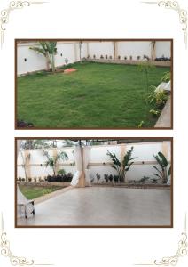 two pictures of a courtyard with a green lawn at Kookee Villa in Hātgarh
