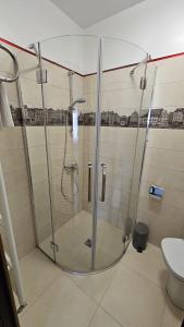 a shower stall in a bathroom with a toilet at Vila Șaguna in Sibiu