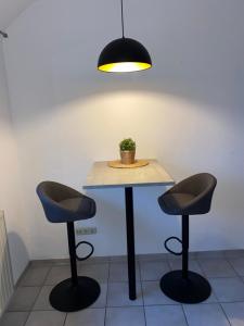 a table with two chairs and a potted plant on it at Aa-partment nahe A1 - Monteurswohnung in Ostbevern