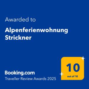 Certifikát, ocenenie alebo iný dokument vystavený v ubytovaní Alpenferienwohnung Strickner