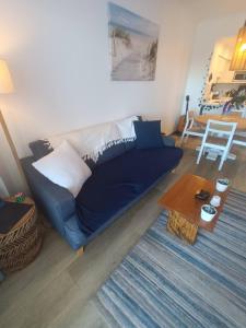 a living room with a blue couch and a table at Backpackers Waterfront Stay at Shoal Bay Stayz with Dave Stays in Shoal Bay