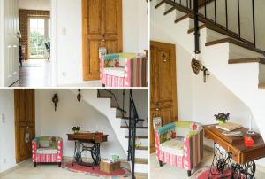 a room with a staircase and a table and chairs at Ferienhaus Scheune in Reichenwalde