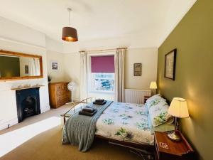 Un dormitorio con una cama y una chimenea. en NEW Seabreeze Large Family Apt Sea Views Ventnor, en Ventnor